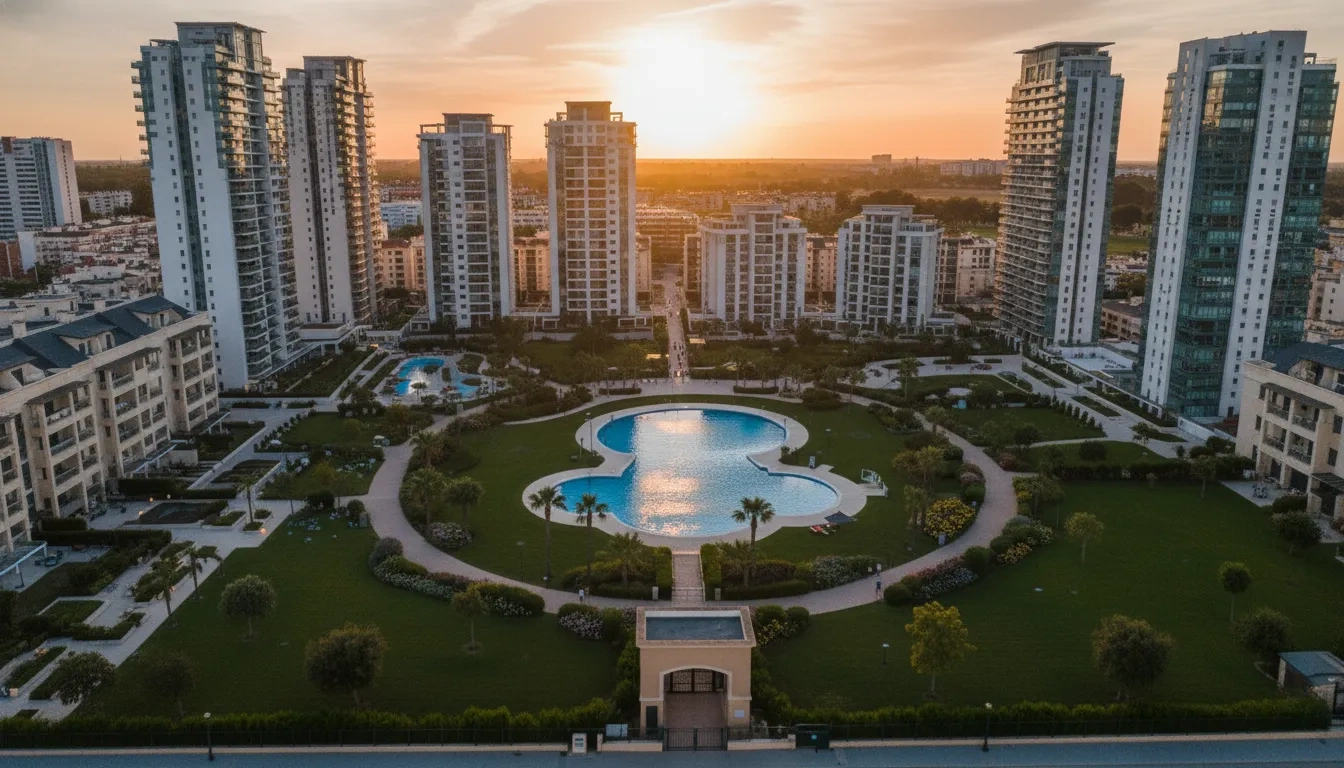 Aerial view of a well-maintained residential apartment community