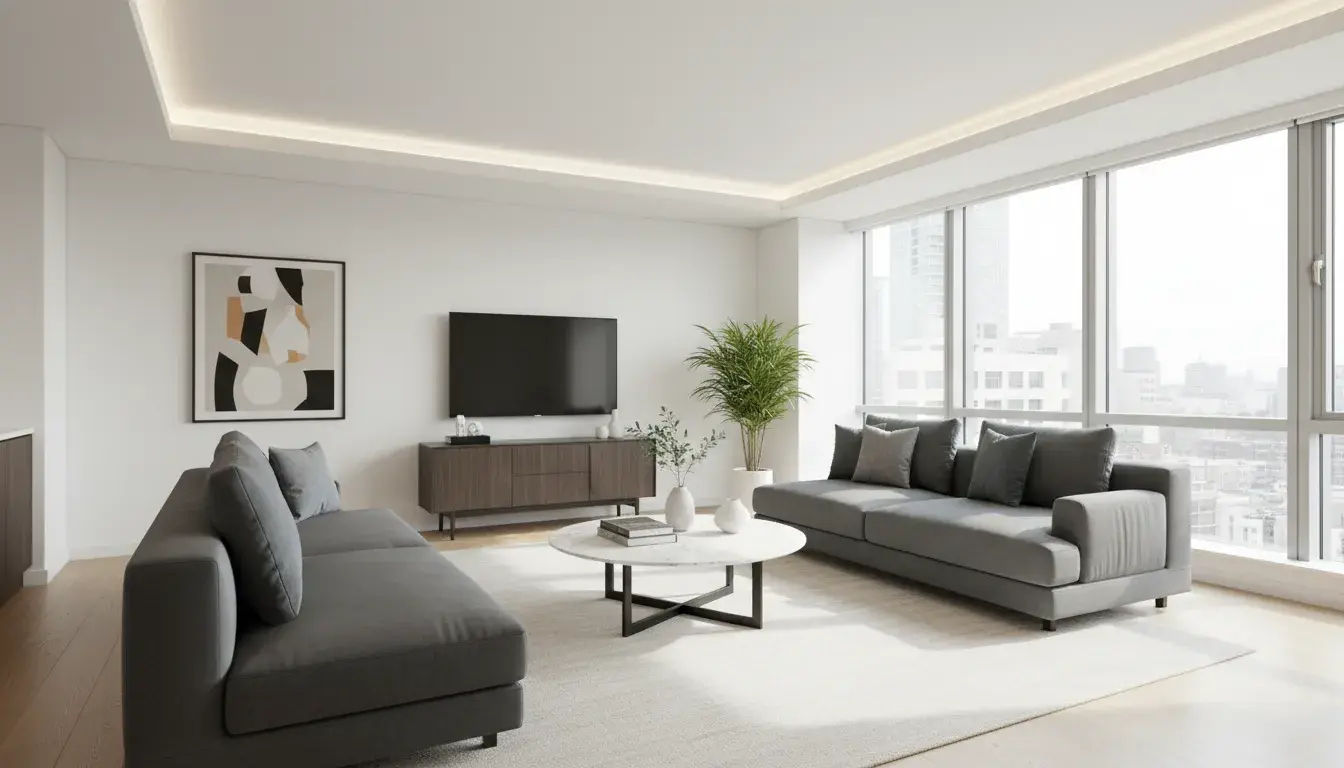 Modern furnished apartment living room prepared for tenant showings