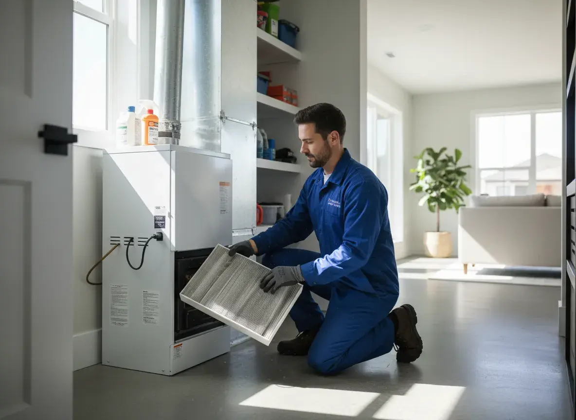 Technician servicing an HVAC system for a rental property