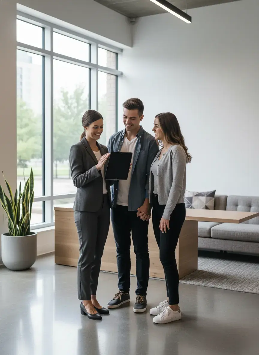 Property manager meeting prospective tenants in a building lobby